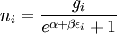 n_i = \frac{g_i}{e^{\alpha+\beta \epsilon_i}+1}