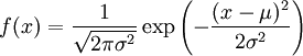 f(x) = \frac{1}{\sqrt{2\pi\sigma^2}} \exp\left(-\frac{(x-\mu)^2}{2\sigma^2}\right)