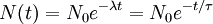 N(t) = N_0 e^{-\lambda t} = N_0 e^{-t/ \tau} \,\!