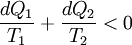 \frac{dQ_1}{T_1} + \frac{dQ_2}{T_2} < 0