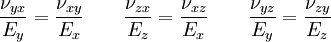 \frac{\nu_{yx}}{E_y} = \frac{\nu_{xy}}{E_x} \qquad \frac{\nu_{zx}}{E_z} = \frac{\nu_{xz}}{E_x} \qquad \frac{\nu_{yz}}{E_y} = \frac{\nu_{zy}}{E_z} \qquad