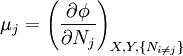 ~\mu_j= \left(\frac{\partial \phi}{\partial N_j}\right)_{X,Y,\{N_{i\ne j}\}}