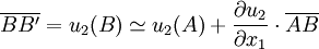 \overline{BB'} = u_2(B) \simeq u_2(A) + \frac{\partial u_2}{\partial x_1} \cdot \overline{AB}