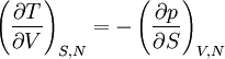 ~ \left ( {\partial T\over \partial V} \right )_{S,N}  = -\left ( {\partial p\over \partial S} \right )_{V,N} ~